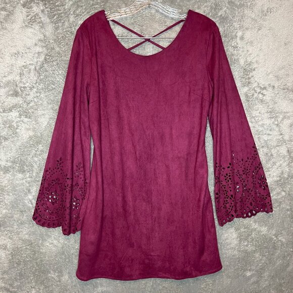 She + Sky Women Western Rodeo Faux Suede Eyelet Flared Sleeve Mini Dress M NWT - Picture 1 of 14